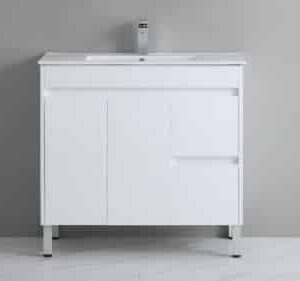 09937 -PVC Pola White Gloss Free Standing Vanity with Ceramic Top Drawers Right Doors Left