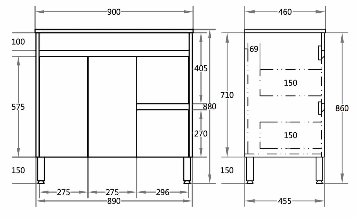 PVC Pola White Gloss Free Standing Vanity with Ceramic Top Drawers Right Doors Left 09937
