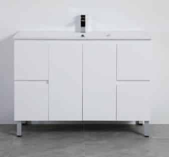 PVC Pola White Gloss Free Standing Vanity with Ceramic Top Drawers Left & Right Doors Centered 09938