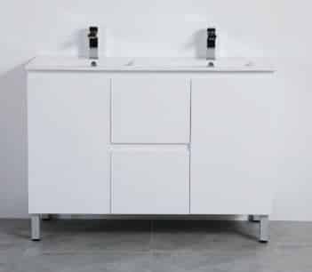 PVC Pola White Gloss Free Standing Vanity with Double Basin Ceramic Top Drawers Centered Doors Left & Right 09941