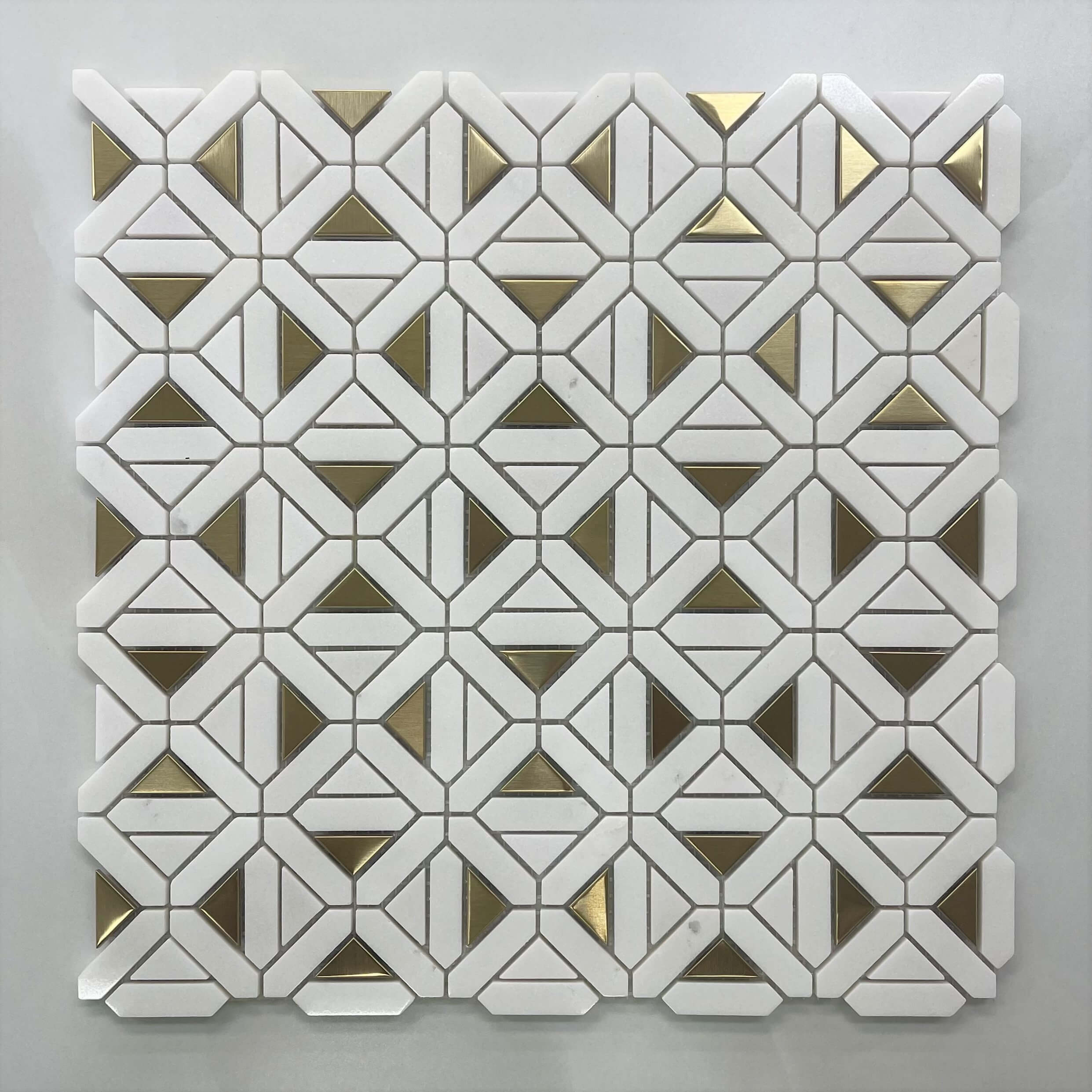 Gold Stainless Steel & White Marble Diamond Square Mosaic 7655