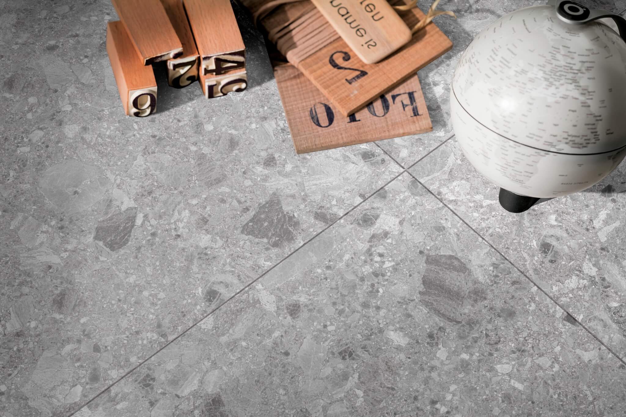 Breccia Mid Grey Terrazzo Look In/Out Rectified Porcelain Tile 3689