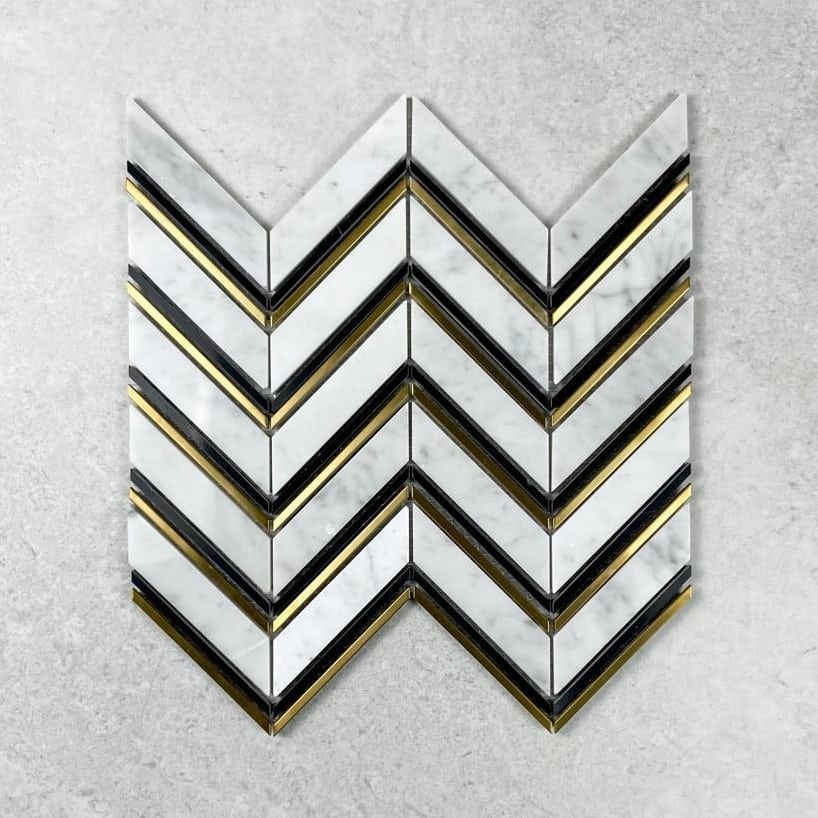 Carrara White Black & Gold Chevron Mosaic 7612