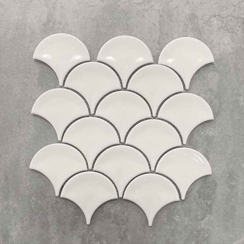 Cotton White Fan Fish Scale Wave Gloss Porcelain Mosaic 7474
